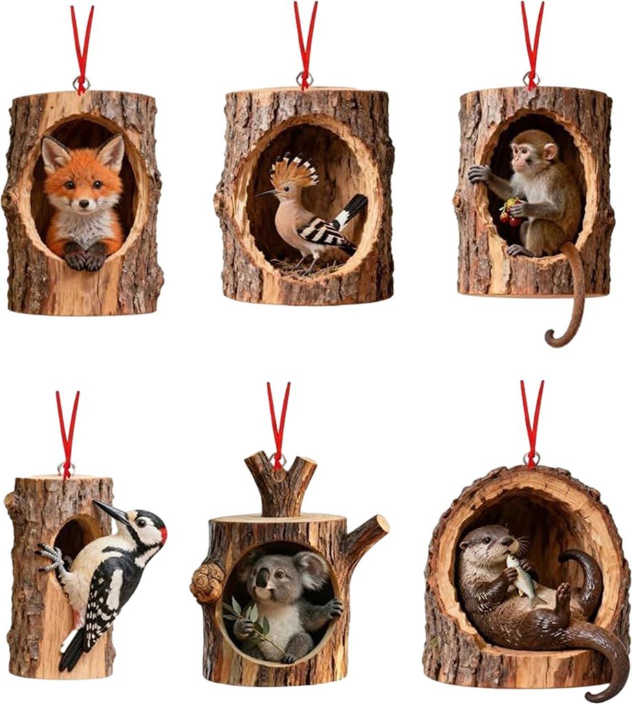 6-teiliges Set Weihnachtsbaumschmuck mit Waldtiermotiven: Eichhörnchen, Affe, Koala – Acryl-Hängeornamente für die Weihnachtsdekoration