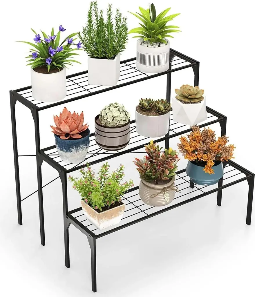 Étagère à plantes métallique 3 niveaux robuste noire - Capacité 30 kg