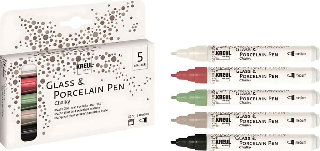 A set of KREUL Glass & Porcelain Pens in chalky finish, shown both in their packaging and individually.