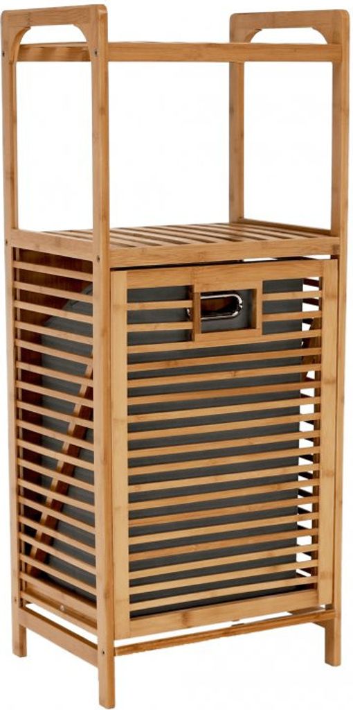 A wooden laundry basket with a gray fabric liner.