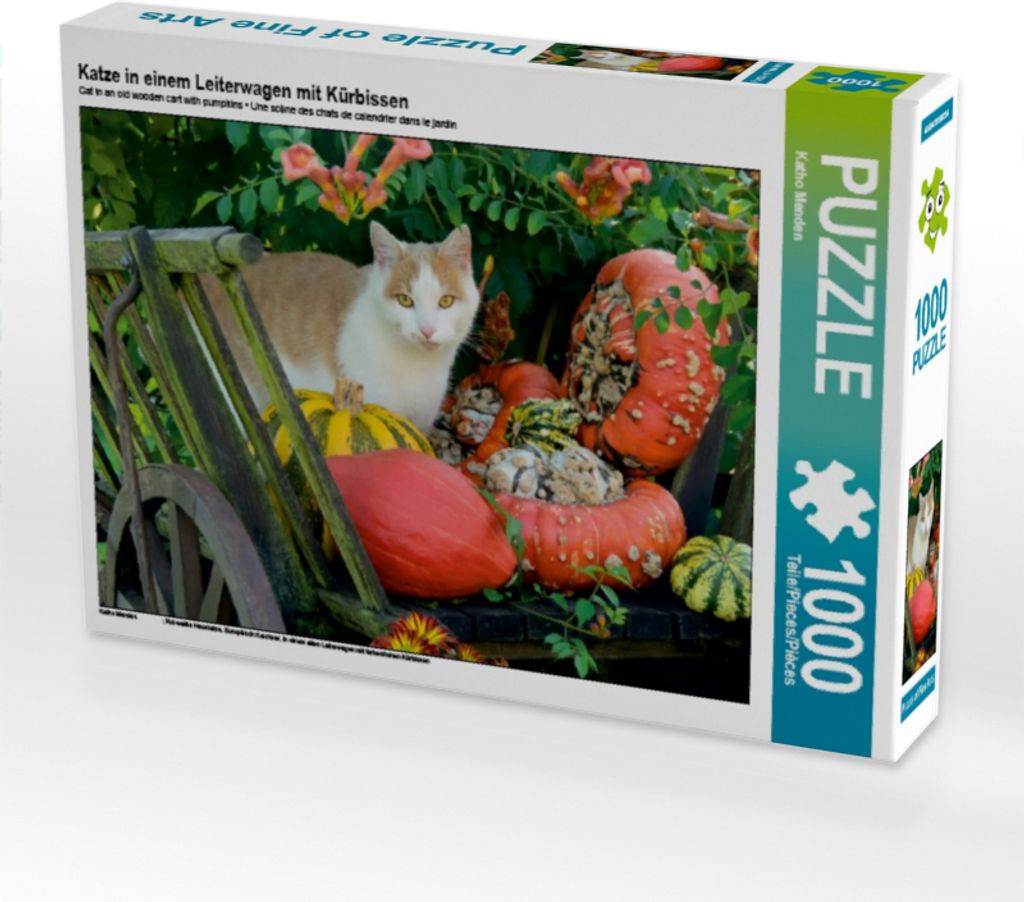Calvendo Katze in einem Leiterwagen mit Kürbissen 1000 Teile Puzzle quer 640x480mm, Menden Katho; 7396483