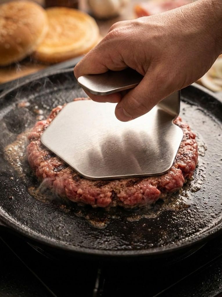 Koch #46 - Burger Smasher für Smashed Burger, Smashed Potatoes u.v.m. - Schwerer, rostfreier V2A Edelstahl, 4mm Stärke, 620g! Spülmaschinengeeig...
