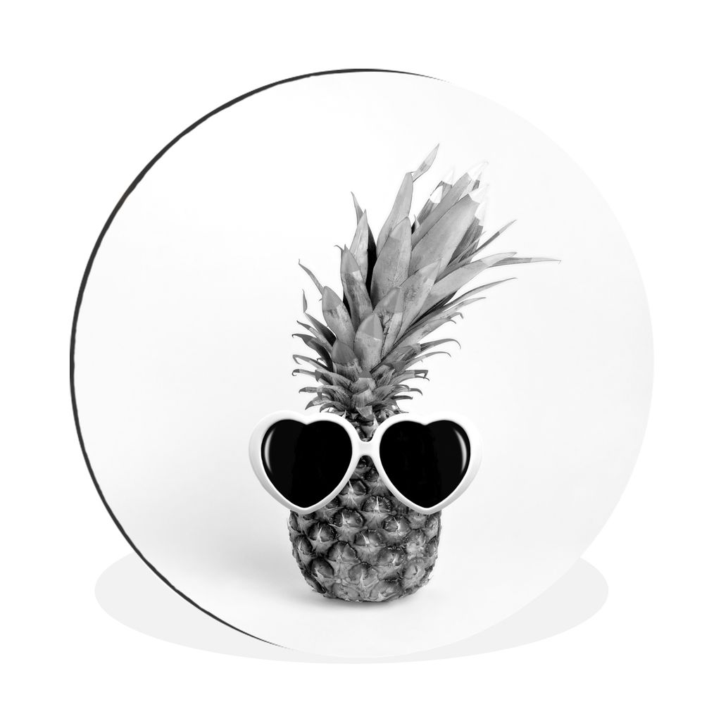 MuchoWow Aluminium Wandkreis Eine Ananas mit Sonnenbrille - schwarz und weiß Ø 60 cm Wanddeko Modern Wohnzimmer - Wand Kreis - Wandbild - Schla...