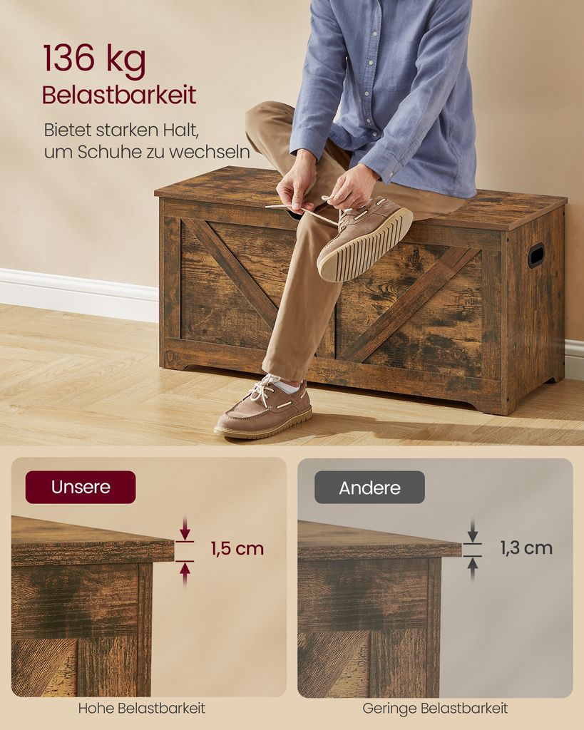 VASAGLE Schuhbank mit Stauraum,V Form, Länge 100 cm, Braun Produktbild 5