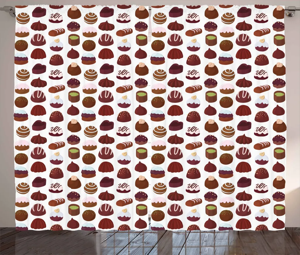 ABAKUHAUS Cioccolato Tenda rustica, Motivi pasticceria e panetteria, Tenda con passanti e ganci per camera da letto, 280 x 175 cm, Rosso bordeaux Marrone castagna Marrone