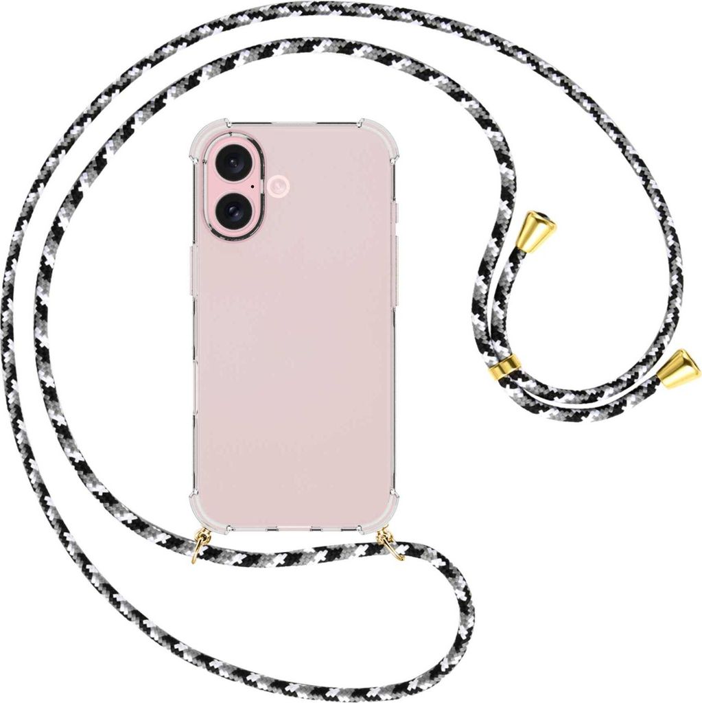 Handykette Backcover-Schutzhülle mit Band (Metall goldfarben) für iPhone 16 - schwarz/grau/weiß