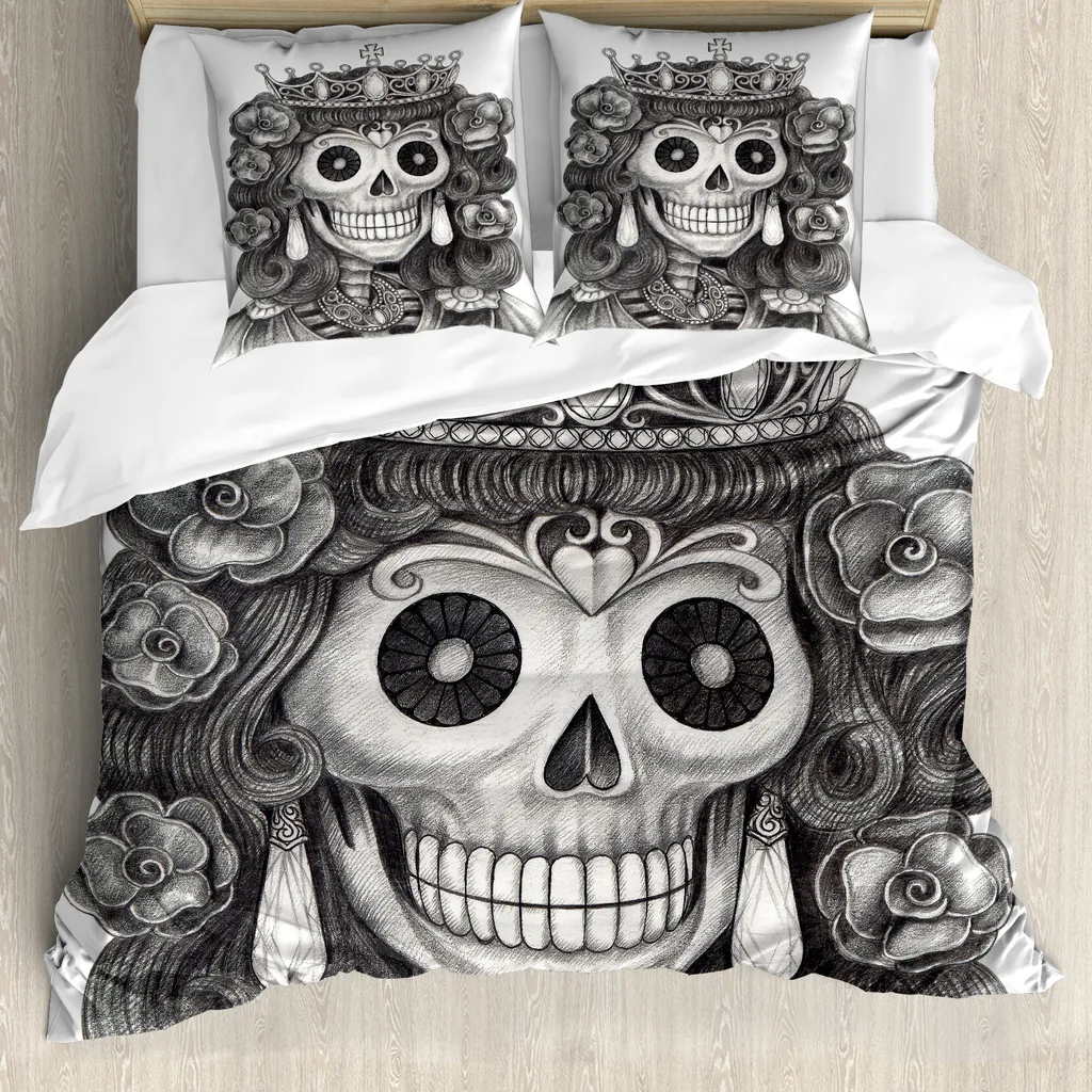 Set Letto ABAKUHAUS Folk Flowers 200x200 Design Bianco e Nero