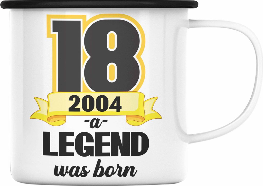 Trendation - 18. Geburtstag Emaille Tasse Geschenk Mädchen Jungen Geschenkidee Lustig Spruch 18 Geschenke Geschenkideen zum 18 Bday 18er (Schwarz)