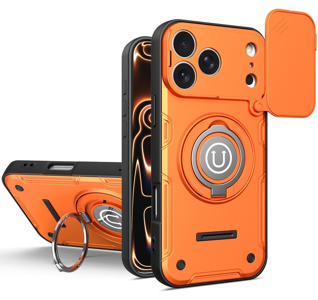 Magnetische Handyhülle für iPhone 17 Pro Max mit Kameraschutz Schieber, Ringhalter und Ständer, Stoßfeste Hülle Orange
