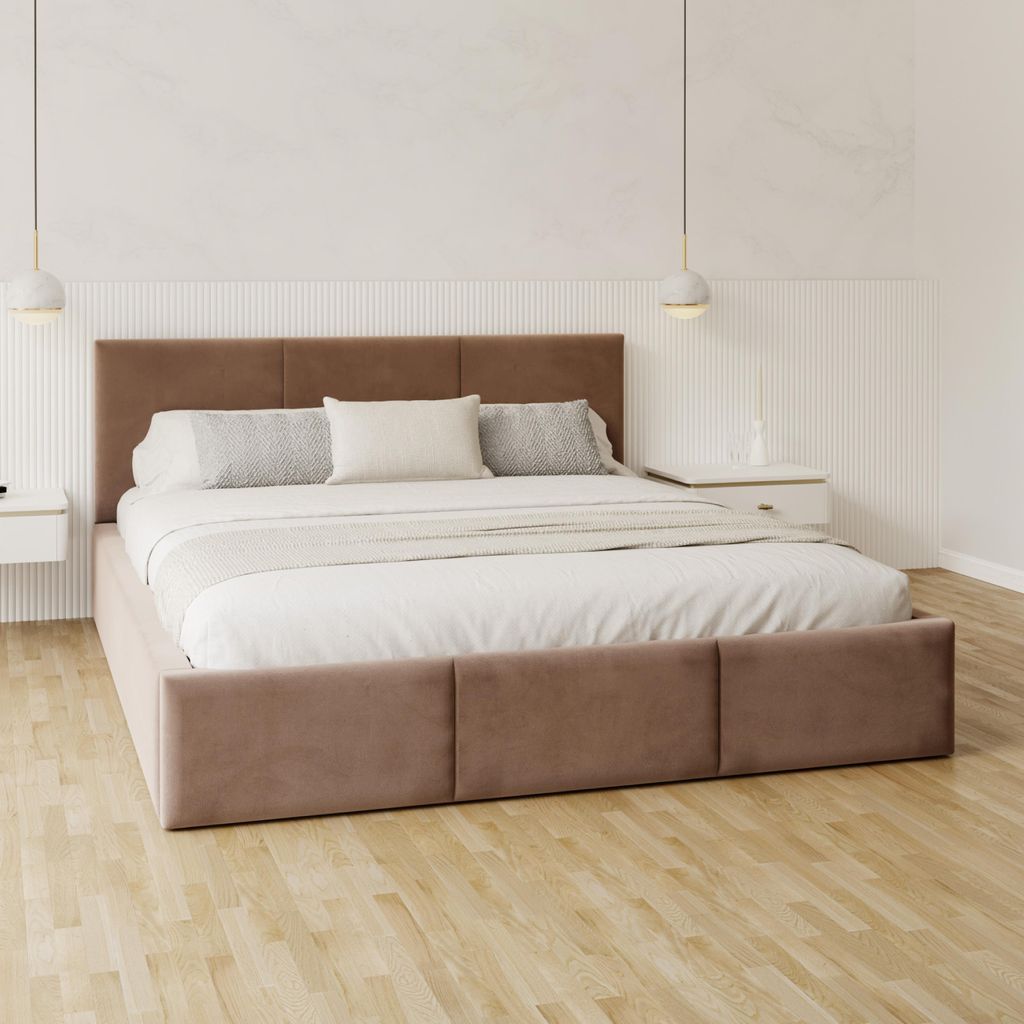 FDM Bett AMBER Trinity 120x200 cm Polsterbett mit Lattenrost aus Metall Bettkasten Stauraumbett Samt braun