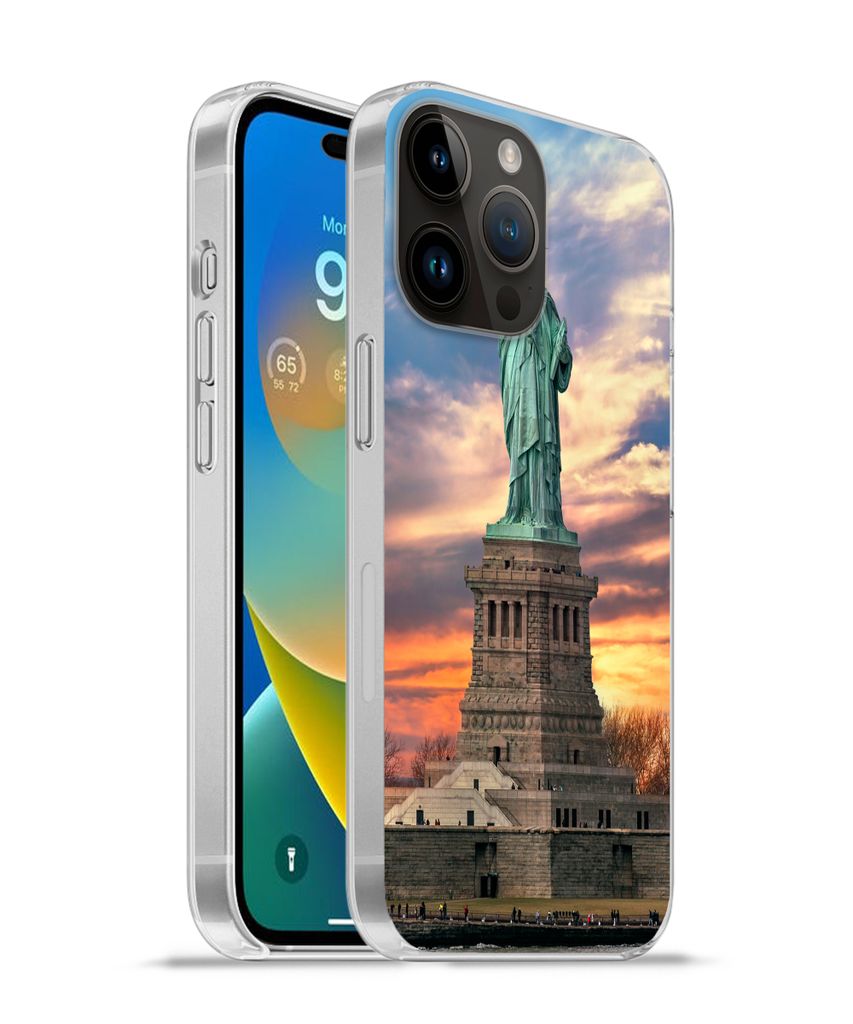 MuchoWow Handyhülle Schutzhülle Hülle für Apple iPhone 14 Pro Max Freiheitsstatue in New York bei Sonnenuntergang Silikon Softcase Handy Hül...