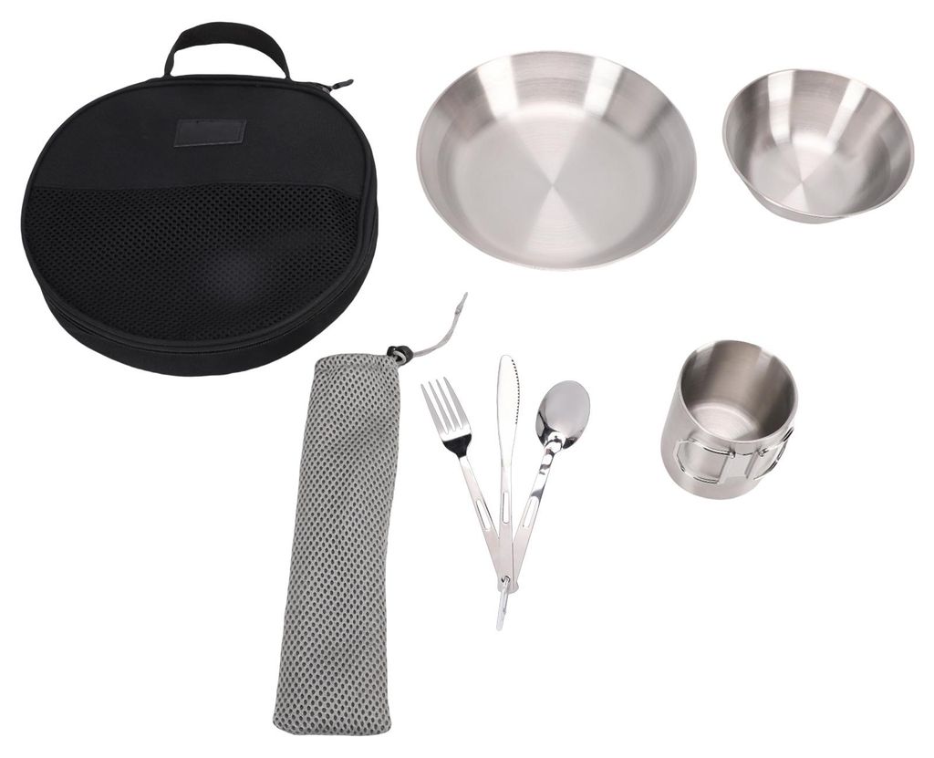 Tragbares Camping-Geschirrset aus Edelstahl: doppelwandige Tasse, dickwandige Schüssel, Teller, Messer, Gabel und Löffel – Besteckset für Camp...