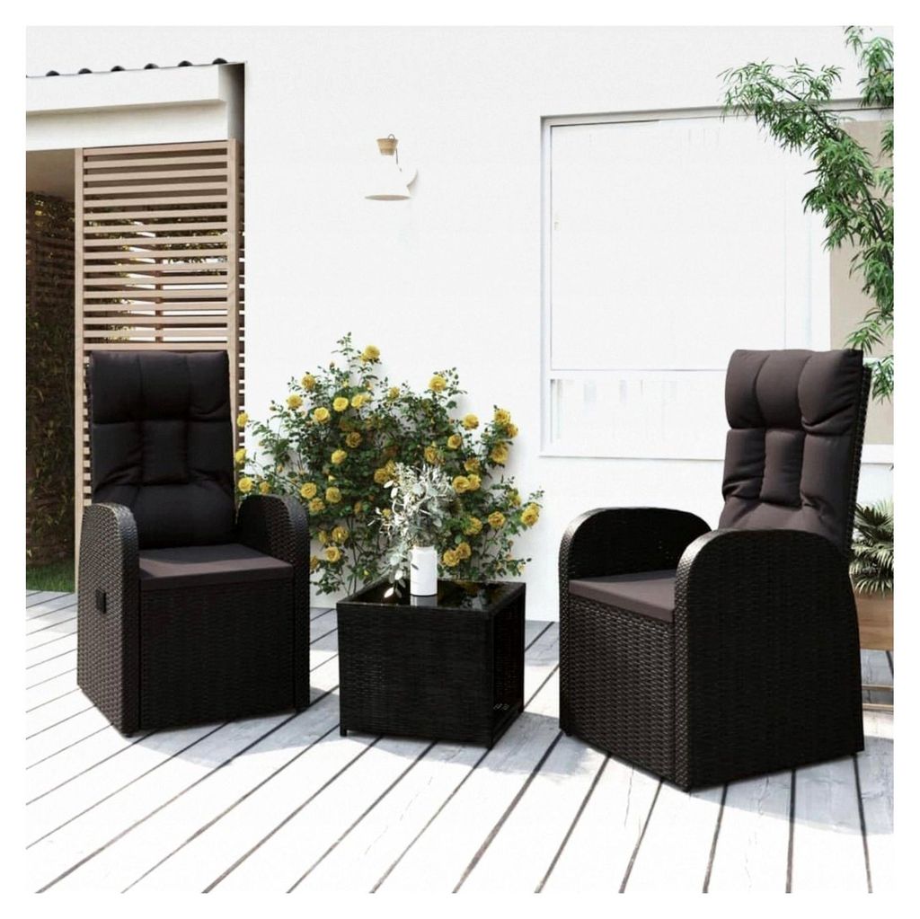 3-teiliges Garten-Lounge-Set Schwarz, Poly Rattan & Stahl, verstellbare Sessel, 57x69x106 cm, für Balkon & Terrasse, bequeme Outdoor-Möbel