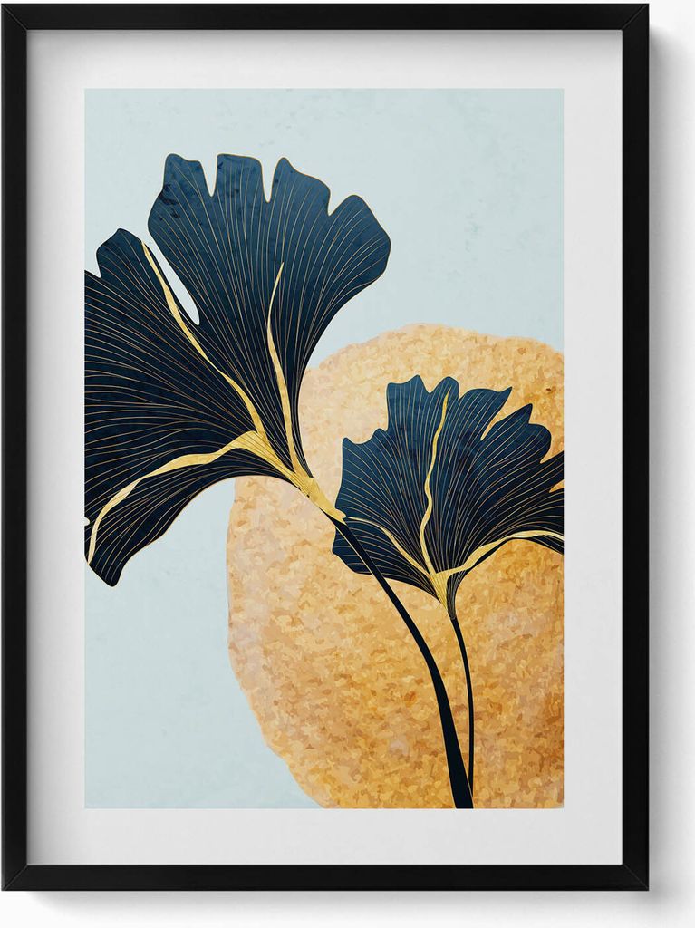 Illustration von Ginkgoblättern mit goldener Sonne– Wandbild mit Rahmen – Gerahmtes Bild – Wanddekoration – 50x70 cm – Schwarz Rahmen