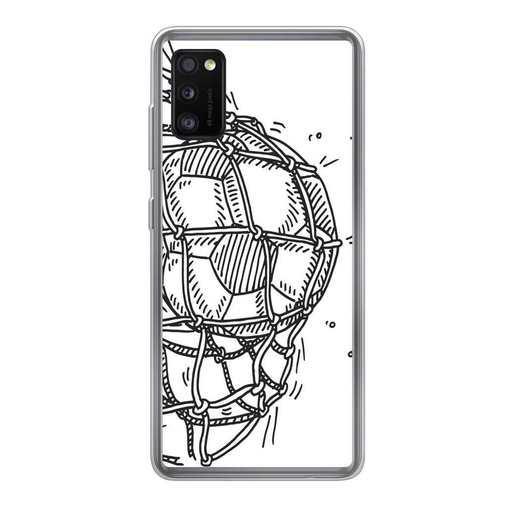 MuchoWow Handyhülle Schutzhülle Hülle für Samsung Galaxy A41 Eine Illustration eines Fußballschusses ins Tor - Jungen - Mädchen - Kinder Si...