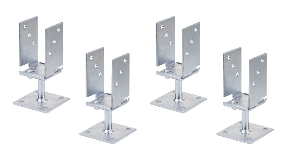 Four metal post anchors are arranged in a group on a white background.