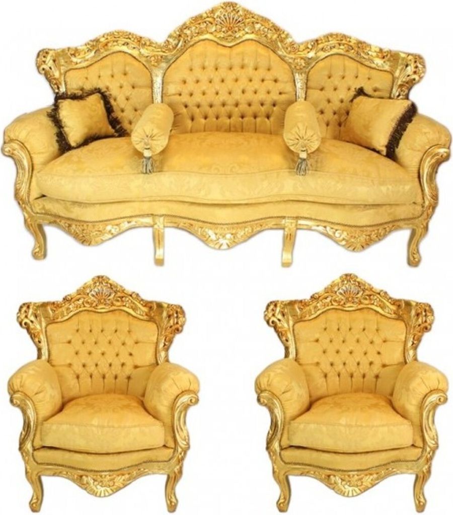 Casa Padrino Barock Wohnzimmer Set Gold Bouquet Muster / Gold - 3er Sofa + 2 Sessel