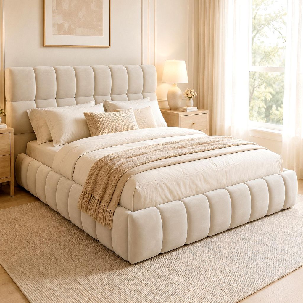 MODFU Doppelbett 140x200 mit Matratze,Polsterbett mit gepolstertes Kopfteil und Seitenteile,Jugendbett mit Eingelassene Matratze und Lattenrost,Beige