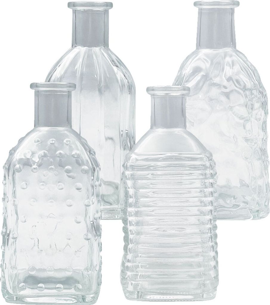 Vintage Glasvasen, 4 Stück - H 13,5 cm - Ø 6,5 cm, in vielen Farben wählbar, Farbe:Glasklar
