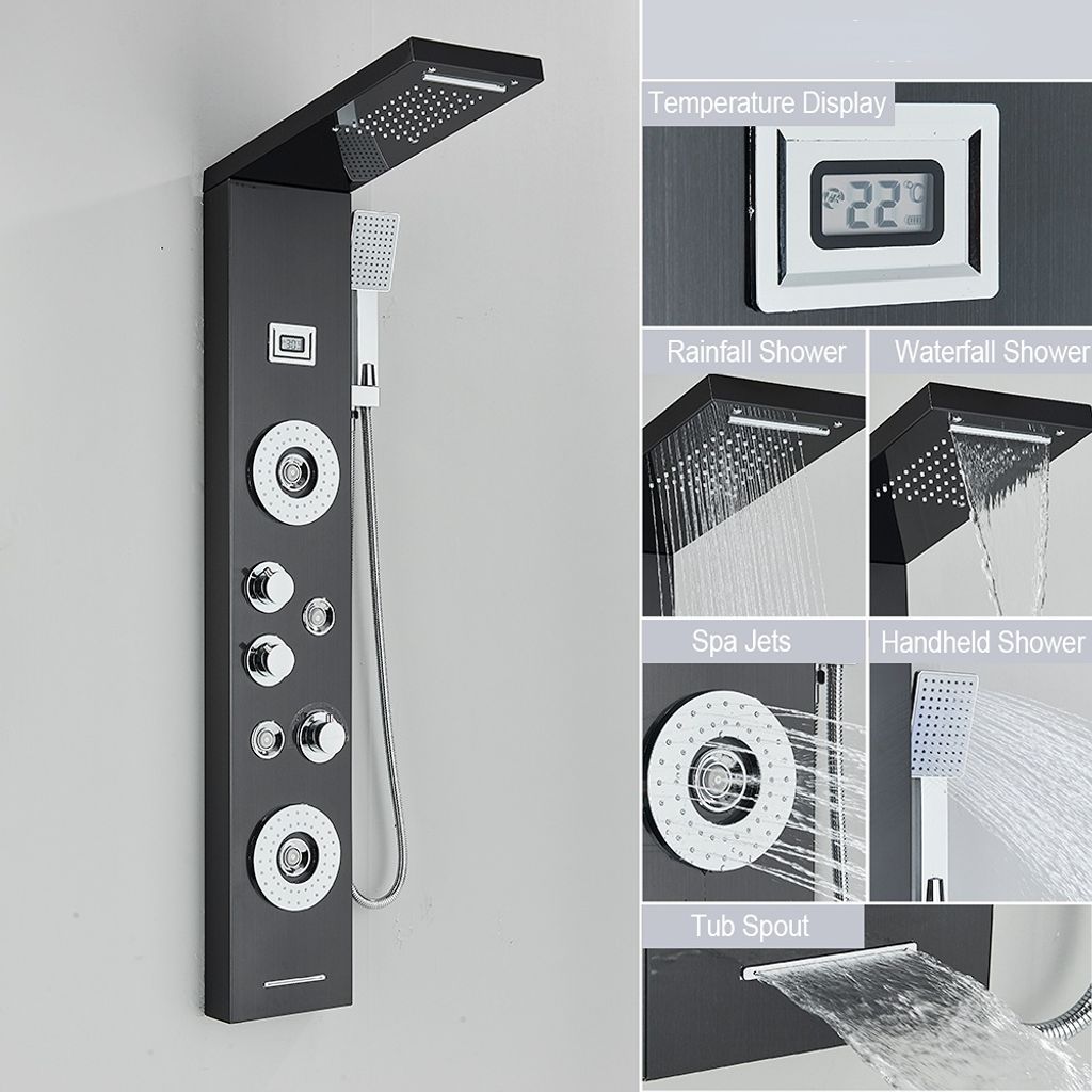Duschpaneel Turmbrausebatterie 304 Edelstahl Duschsystem Duschsäule Wasserfall Regenkopfbrause Massagedüsen Handbrause und Wanneneinlauf Duschsys...