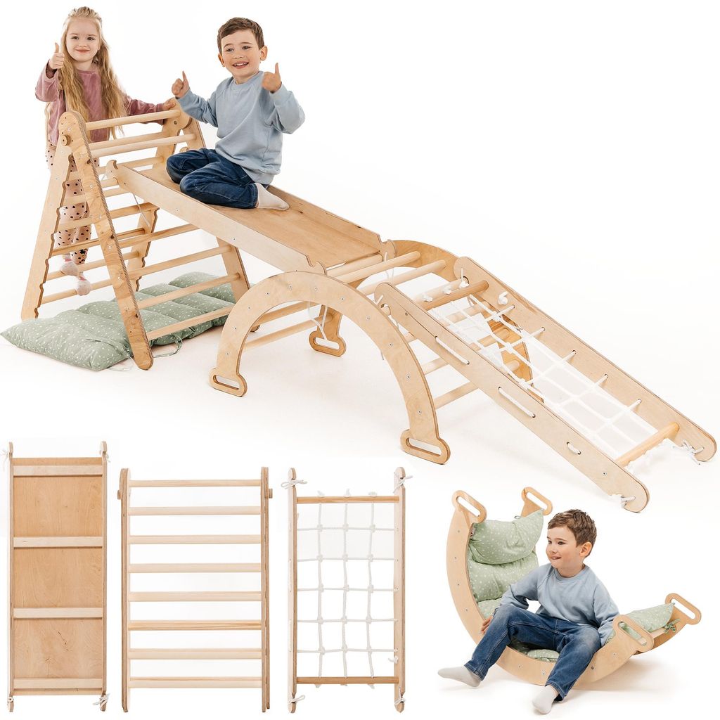5-in-1 Montessori Klettergerüst für Kleinkinder - Dreiecksleiter, Kletterbogen & Kletterrampe, Netz, Kissen, für Kinder von 1-5 Jahren (Grünes ...