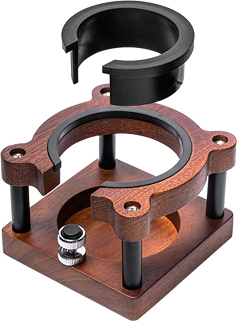 A coffee distribution station with a wooden base and black inserts, with a separate black ring shown above.