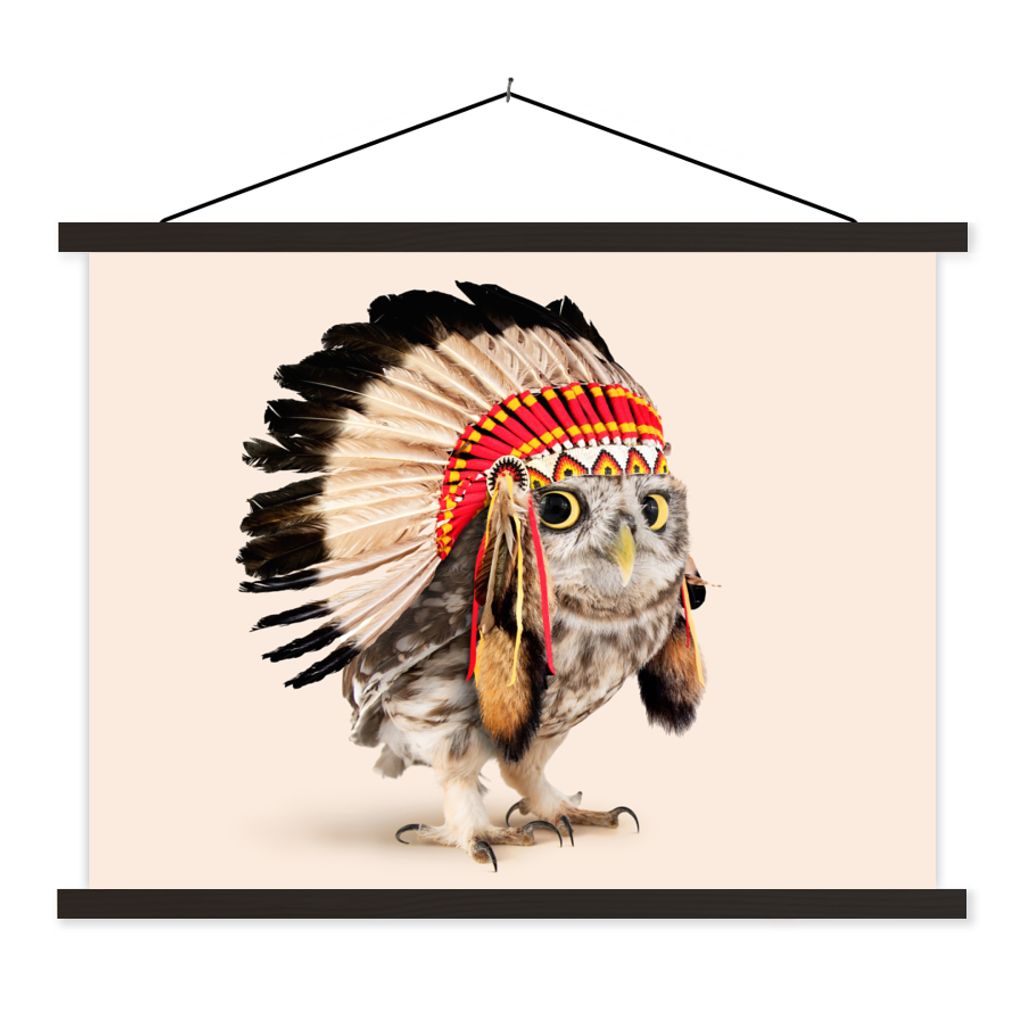 MuchoWow Textilposter Tier - Eule - Indianer - Vogel 120x90 cm mit schwarzem Rahmen - Aufhänger für Poster