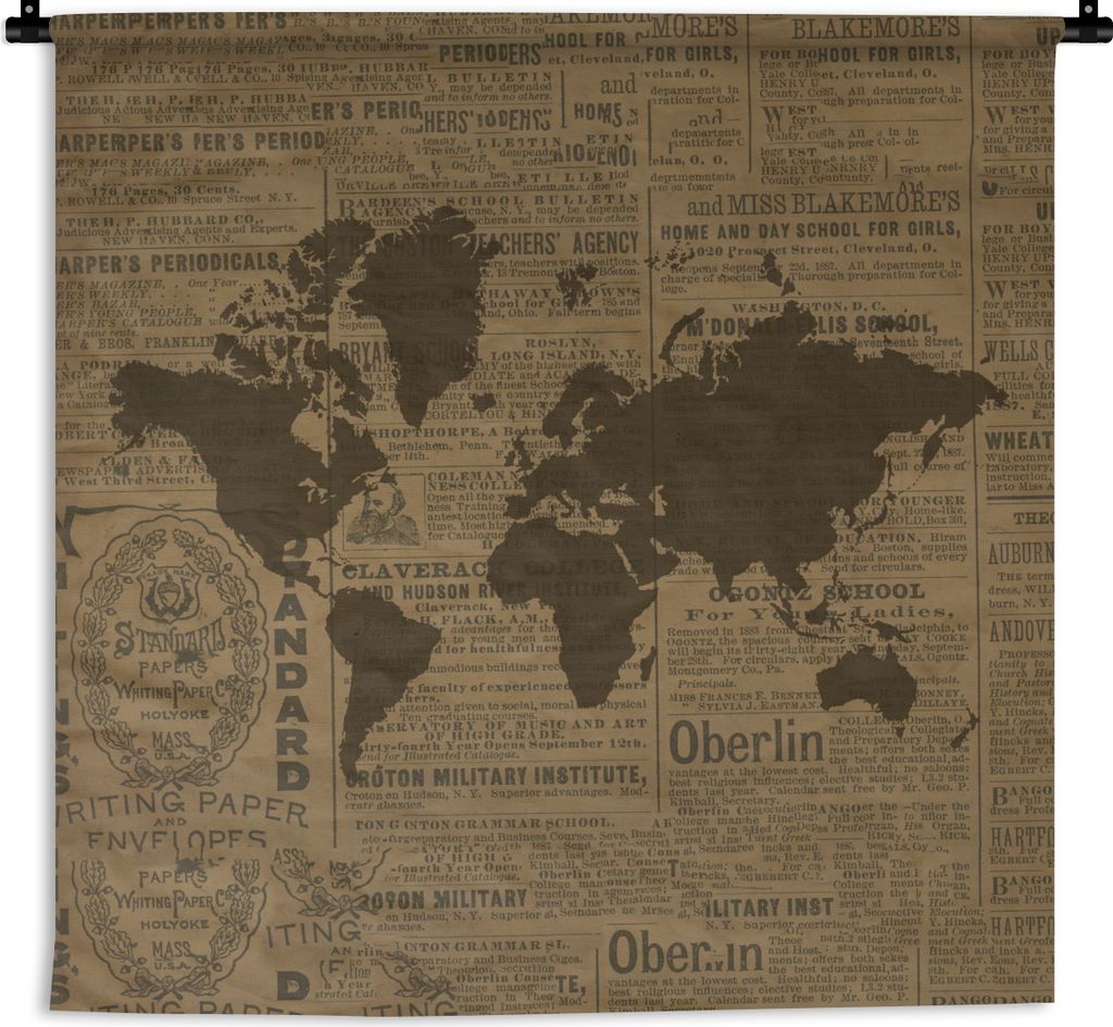 MuchoWow Wandteppich Wandbehang Weltkarte Brown - Zeitung - Briefe 150x150 cm Tapisserie Dekoration Wandtuch - Wohnaccessoires - Modernes