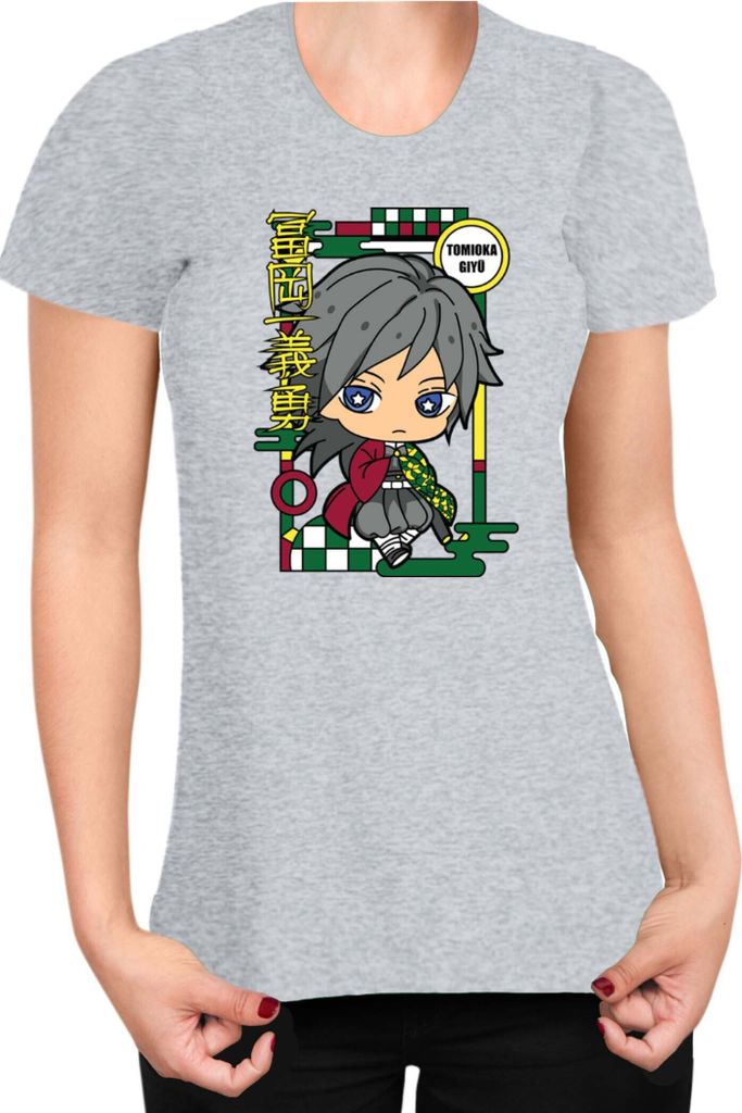 Damen T-Shirt Demon Anime Slayer Kimetsu No Yaiba Chibi Giyu Tomioka, Lady XL / Grau