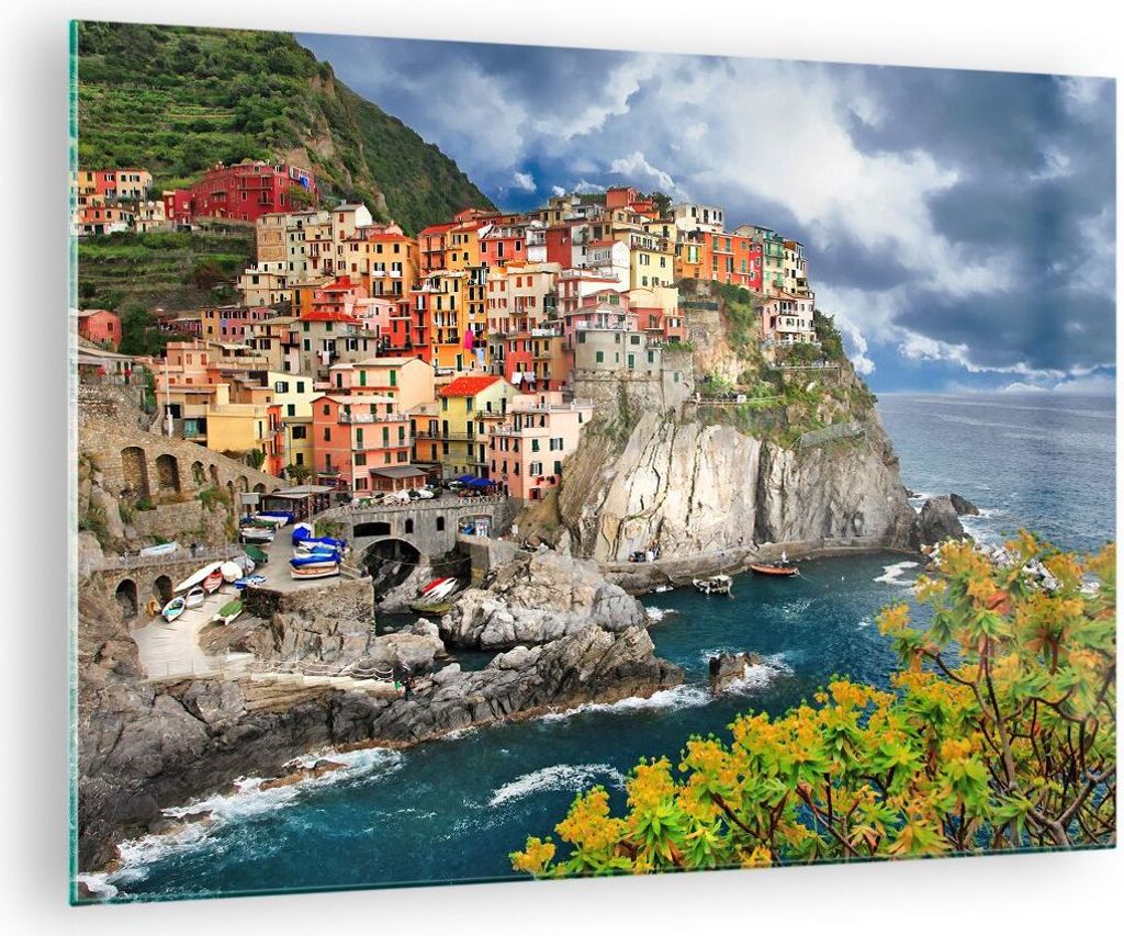 Bilder auf glas - Italien küste felsen landschaft - 70x50cm - Glasbilder - Wandbilder - Kunstdruck - zum Aufhängen bereit - Wanddekoration aus Gl...