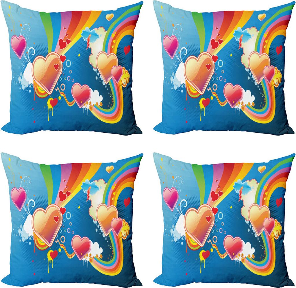 ABAKUHAUS Jahrgang Rainbow Kissenbezug Set (4 Stück), Funky Herzen, Moderner Doppelseitiger Digitaldruck, 45 cm x 45 cm, Mehrfarbig