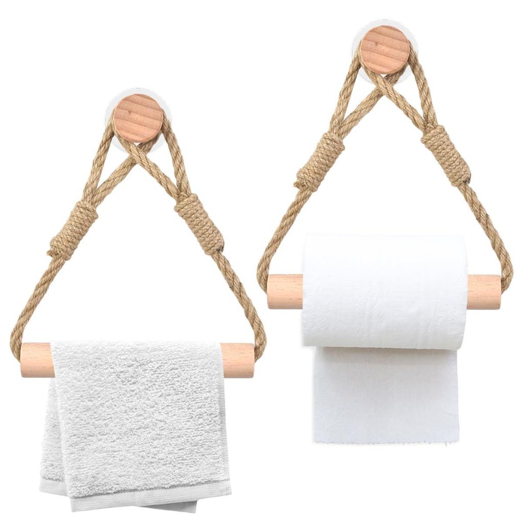 Set aus 2 Vintage-Handtuchhaltern aus Seil und Holz, Toilettenpapierhalter ohne Bohren, Toilettenpapierhalter aus Holz im Boho-Stil, Toilettenpapie...