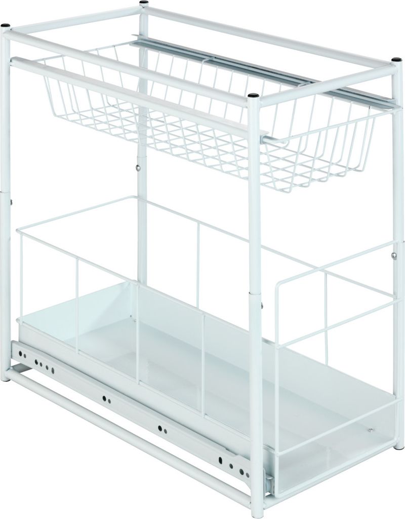 A white wire shelving unit with two baskets and a pull-out drawer.