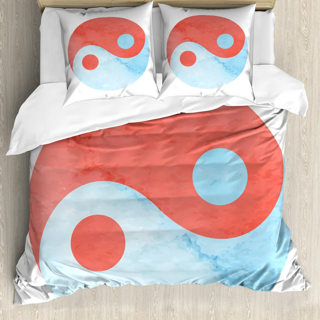 ABAKUHAUS Ying Yang Copripiumino, acquerello, antiacaro, adatto a chi soffre di allergie, con federe, 200 cm x 200 cm - 80 x 80 cm, rosso blu bianco