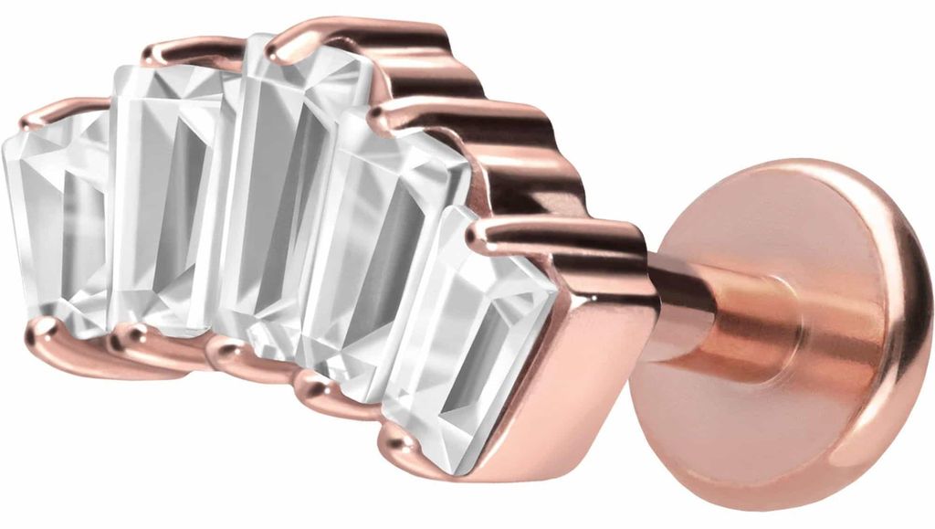 Ohrpiercing, Nasenpiercing Titan Labret mit Push Fit 5 EINGEFASSTE KRISTALLRECHTECKE RoséGold Stablänge: 8mm | Stabstärke: 1,2mm