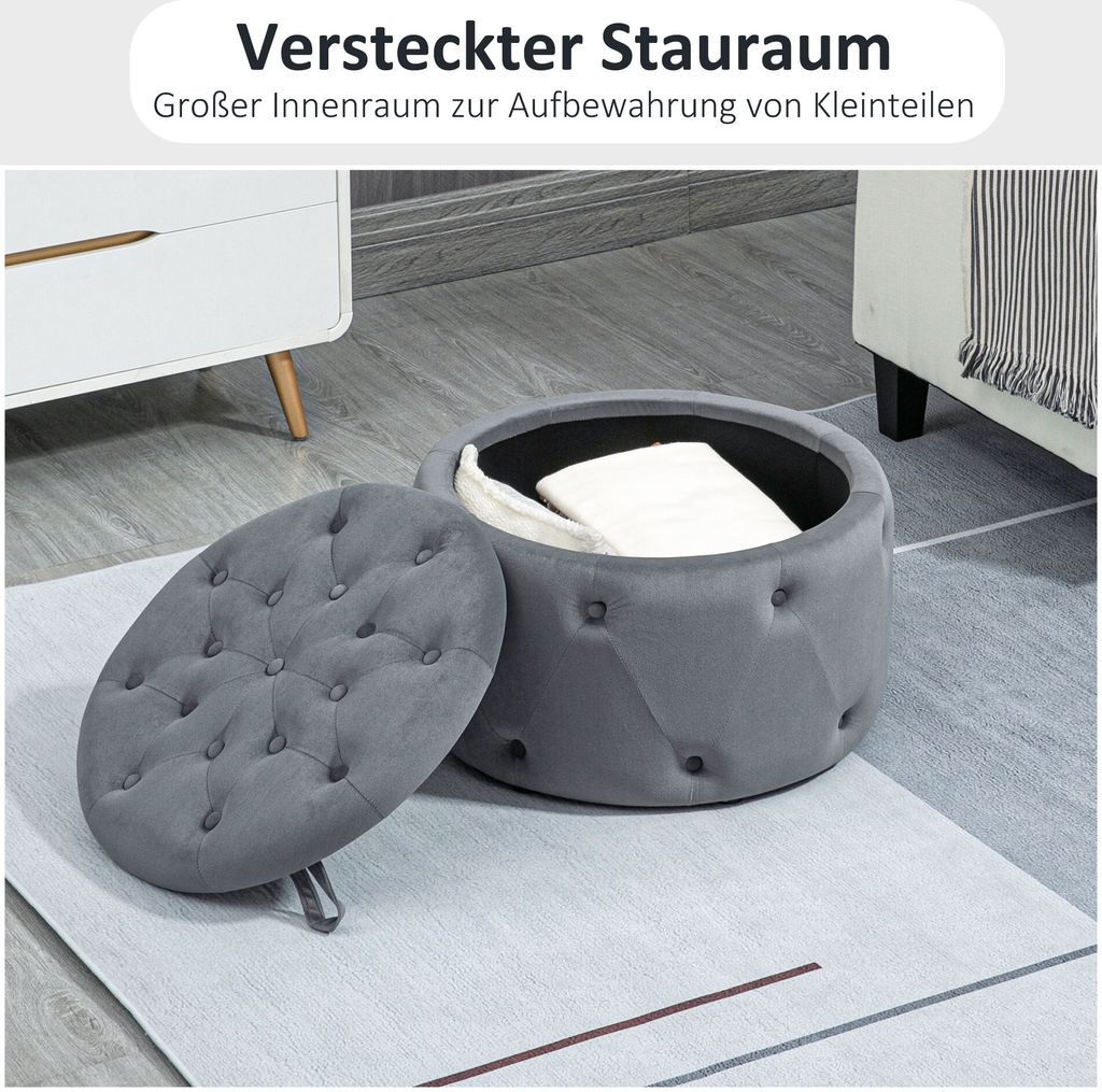 HOMCOM Sitzhocker Mit Stauraum – Rund, 35x35x45 Cm, Weißer Cord, Wendbarer Deckel Mit Marmortextur – Als Hocker, Tisch Oder Aufbewahrung Für Wohnzimmer & Schlafzimmer