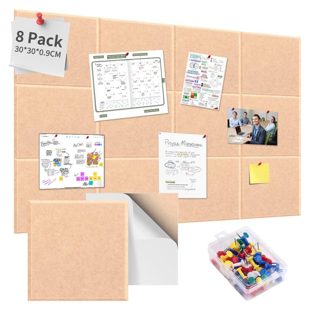 8-teilig, 30 x 30 cm, selbstklebend, Filz-Pinnwand, Porzellanweiß, dekorative Filztafel, Fotowand, Memoboard, Wanddekoration für Büro, Kinderzim...