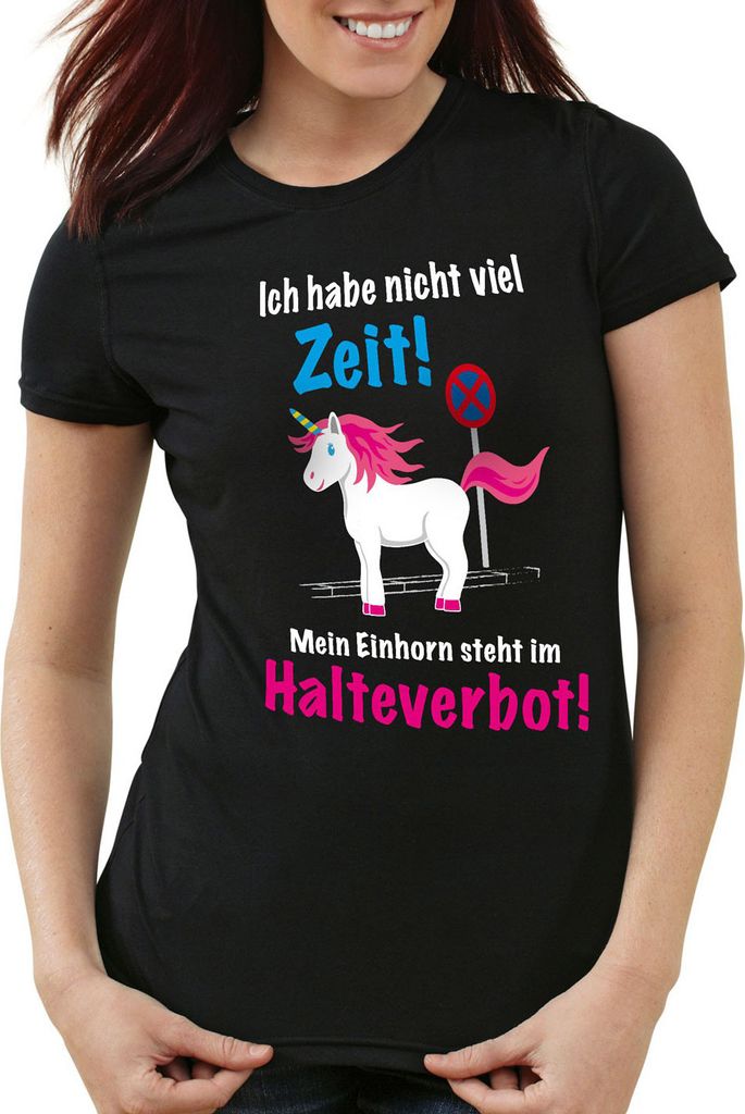 style3 Keine Zeit Einhorn im Halteverbot Damen T-Shirt Mein Unicorn steht Parken Spruch, Farbe:Schwarz, Größe:L