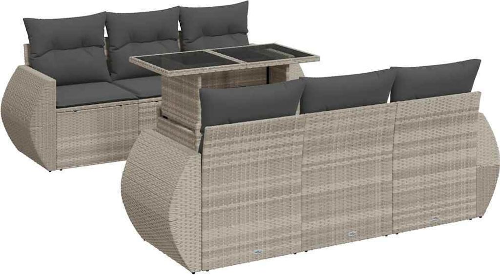 vidaXL 7-tlg. Garten-Sofagarnitur mit Kissen Hellgrau Poly Rattan