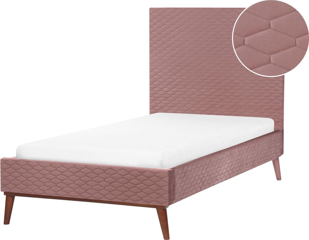 BELIANI Bett Rosa Samt mit Lattenrost 90 x 200 cm Gestepptes Hohes Kopfteil Schlanke Holzbeine Glamourös Polsterbett Einzelbett Jugendbett Kinderbett