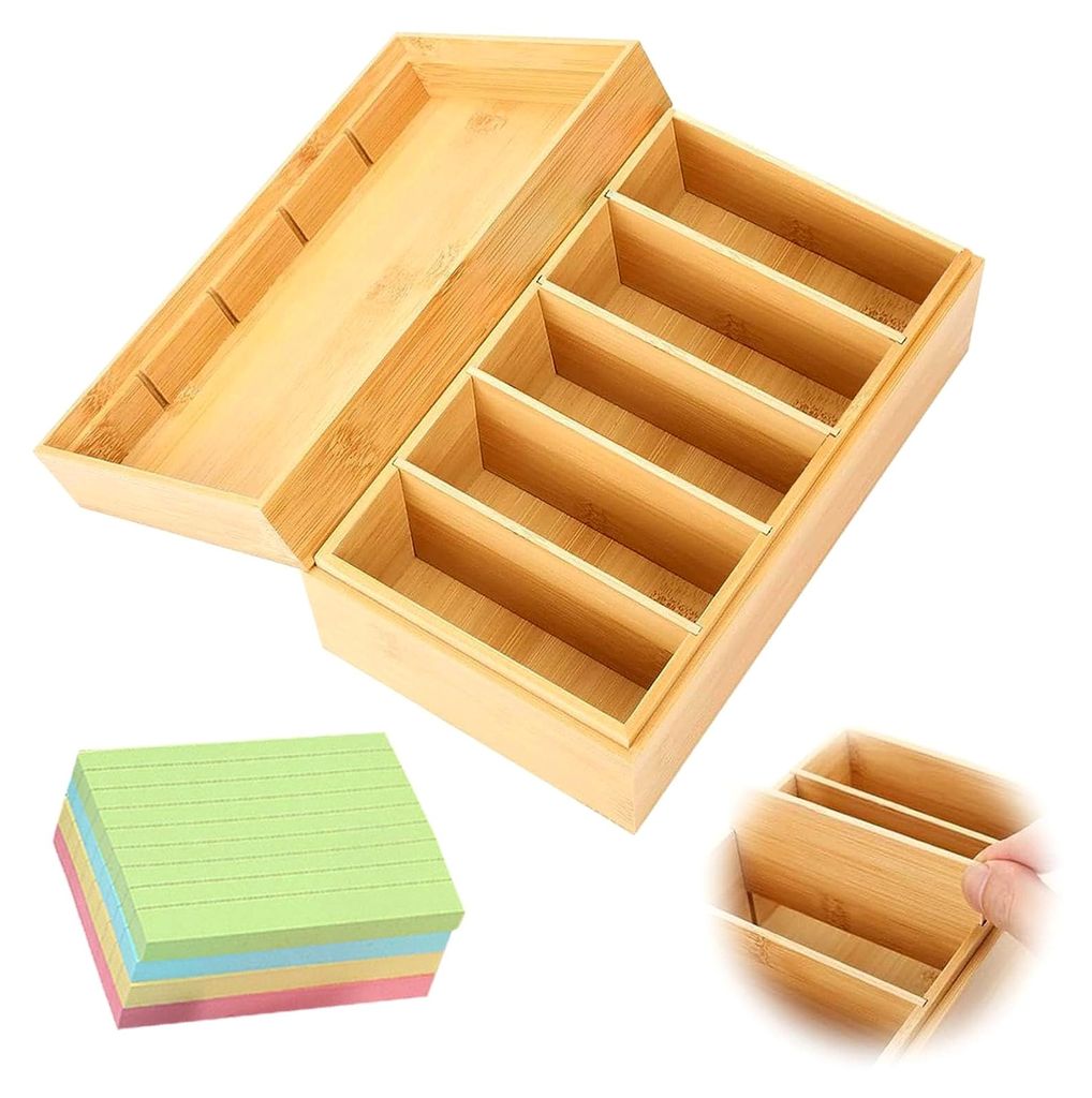 A7 Karteikartenbox aus Holz, 22x12,6x9cm mit Deckel, Lernbox für Vokabeln mit 4 herausnehmbaren Trennwänden und 400 Haftnotizen, geeignet für B...