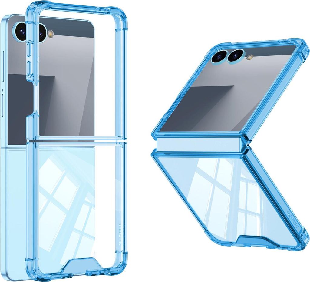 Two views of a transparent blue phone case for a foldable phone, displayed on a white background.
