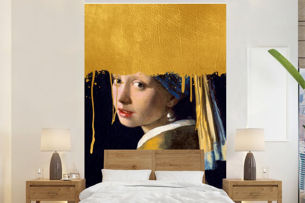 MuchoWow Fototapete für Wohnzimmer oder Schlafzimmer Wandtapete Vinyl Motivtapete Mädchen mit einem Perlenohrring - Gold - Johannes Vermeer - 2...