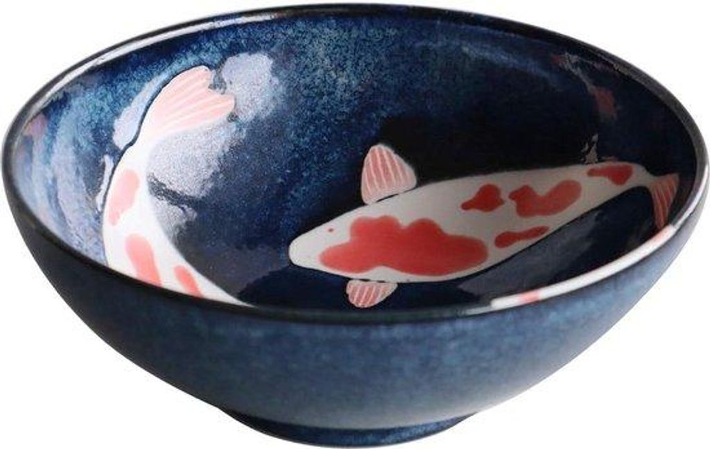 Japanische Keramik-Donburi-Schüssel, groß, rote Fisch- und Salat-Muster, schwarz, 215 cm, Modell 8018200