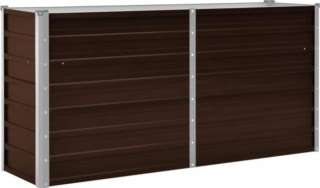 A brown and silver raised garden bed.