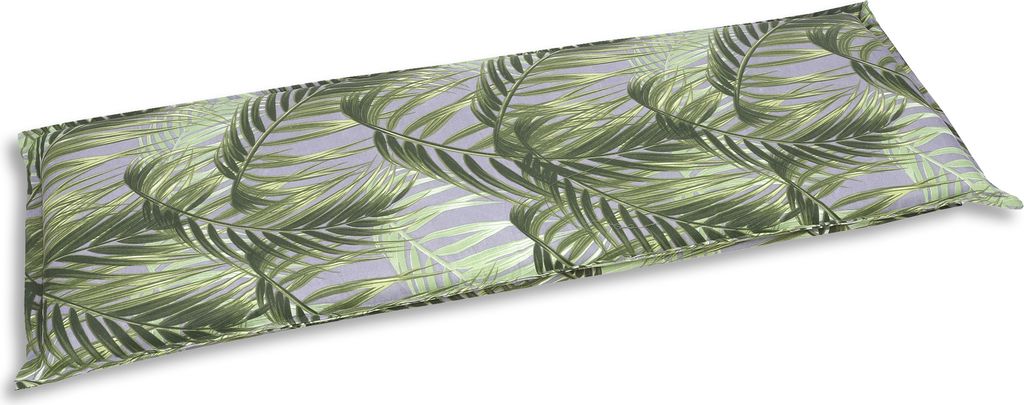 A long, rectangular cushion with a palm leaf pattern is shown against a white background.