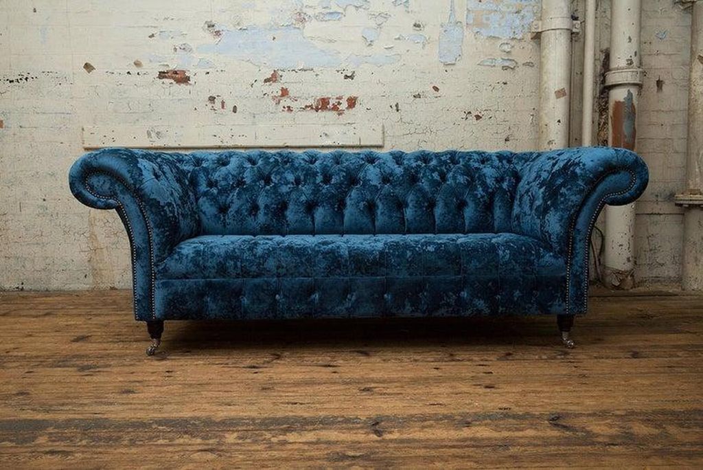 Sofa Luxus Textil Chesterfield Couch Sofas Polster 3 Sitzer Garnitur Blau Design