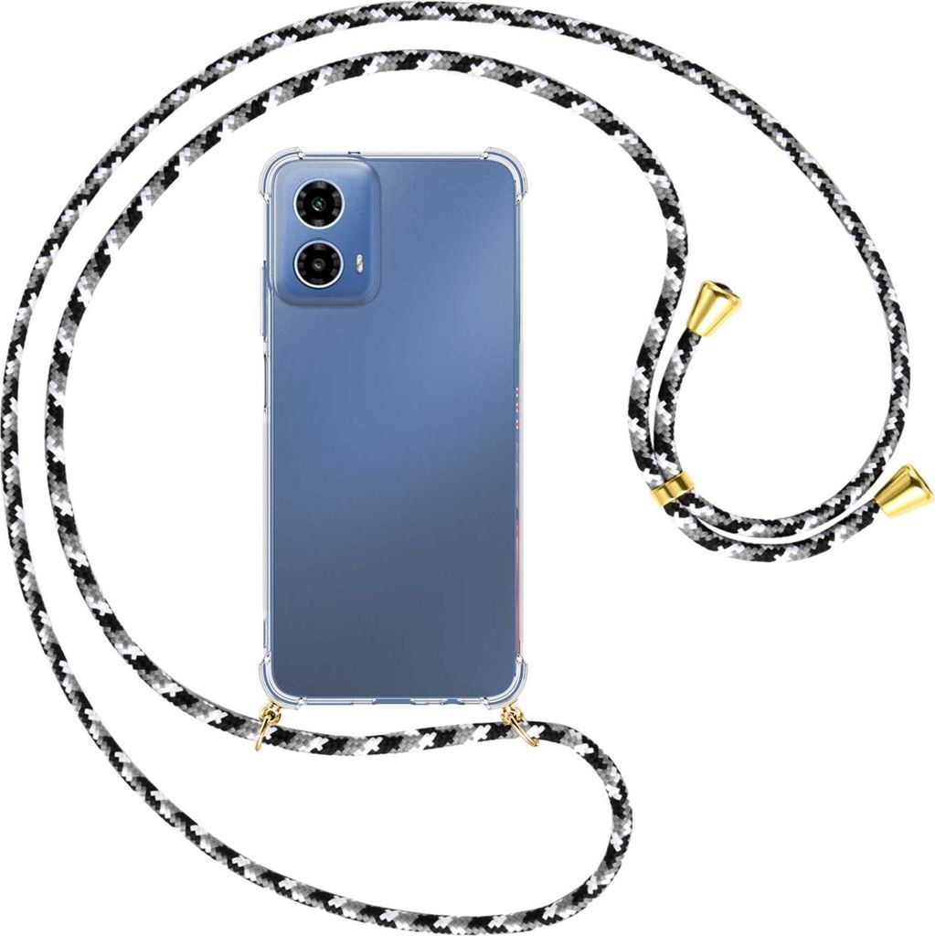 Handykette Backcover-Schutzhülle mit Band (Metall goldfarben) für Motorola Moto G34 5G - schwarz/grau/weiß