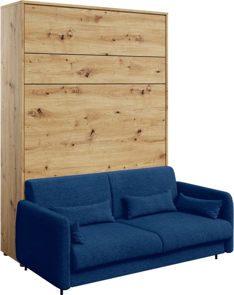 Furniture24 Schrankbett mit sofa Bed Concept 140x200 cm Lenart Bett im Schrank Klapbett Artisan Eiche/Marineblau