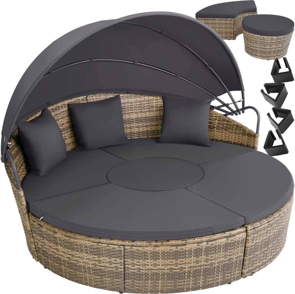A round rattan daybed with a canopy and cushions, along with separate ottoman pieces and black corner supports, displayed on a white background.